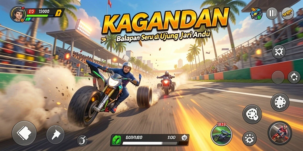 Tangkapan layar gameplay KAGANDAN dengan aksi balapan yang mendebarkan.