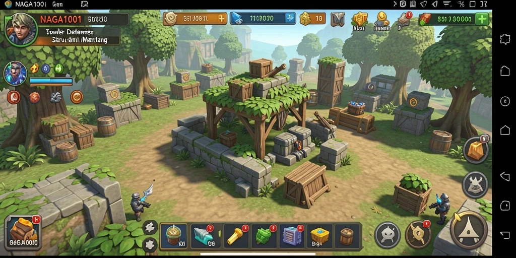 Screenshot gameplay NAGA1001 menunjukkan aksi menara melawan gelombang musuh.