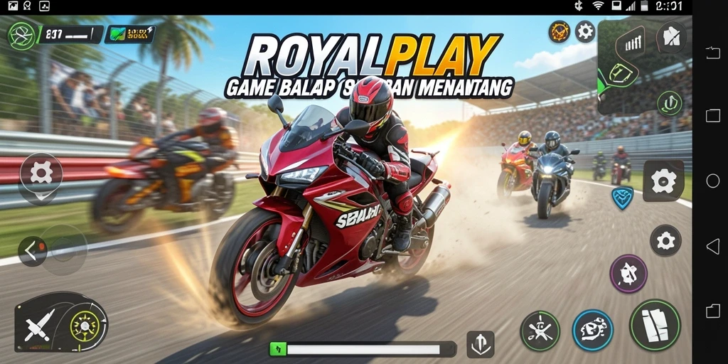 Screenshot gameplay ROYALPLAY menampilkan balapan motor yang intens dan mendebarkan.