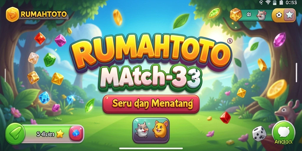 Screenshot utama RUMAHTOTO menampilkan gameplay Match-3 yang penuh warna.