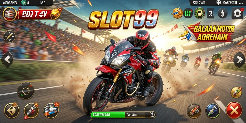 Tampilan gameplay SLOT99 dengan motor balap yang melaju kencang.