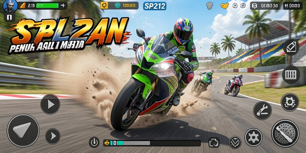 Screenshot SP212 menunjukkan aksi balapan motor yang mendebarkan.