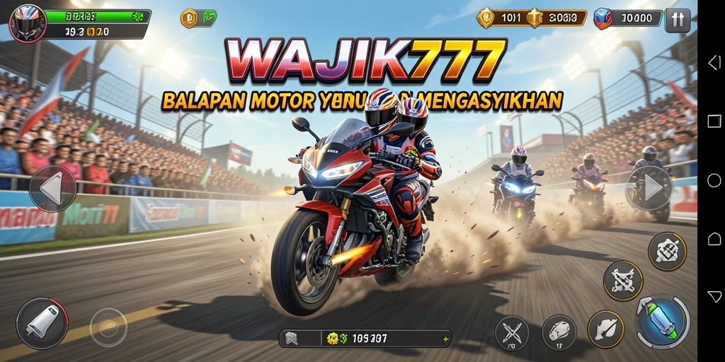 Tampilan gameplay seru dengan sepeda motor balap di lintasan.